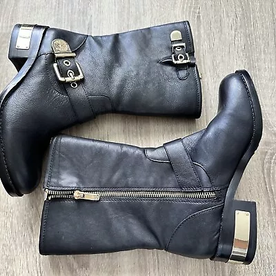 Vince Camuto Winchell Black Leather Gold Motorcycle Boots Sz 6.5 B-K • $98