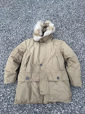 Vintage  Eddie Bauer Goose Down Coyote Fur Khaki Parka Coat Jacket Sz L • $150