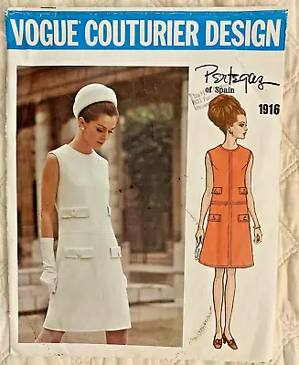 Vintage Vogue Couturier Design Shift Dress Pattern 1916 Pertegaz-sz.10 Cut-mint • $27.99