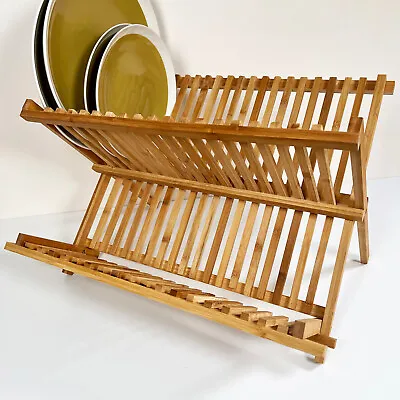£21.99 • Buy Large Bamboo Dish Rack 19 Slots Wooden Dinner Plates Bowls Drainer Stand Dryer