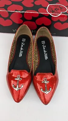 T.U.K. X Lux De Ville Womens Size 6/ 7 Red Glitter Patent Anchor Flats Shoes • $44.95