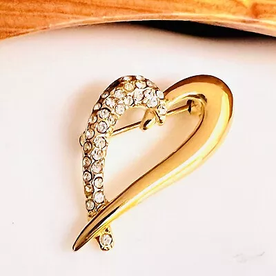 Vintage Monet Signed Heart Brooch Gold Tone Rhinestone Crystal Pin Estate • $8.98