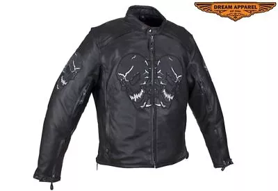 Men's Motorcycle Black Leather Biker & Fashion Jacket With Reflective Skulls • $120.89