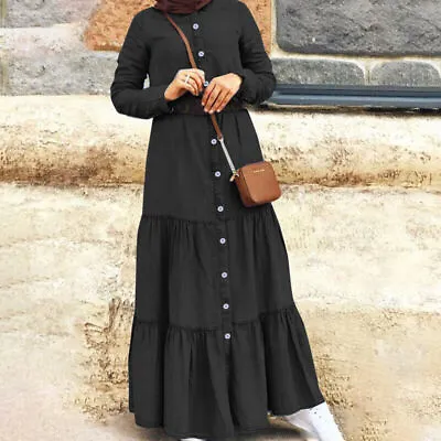 £18.99 • Buy Women Muslim Abaya Denim Look Long Sleeve A Line Evening Party Kaftan Maxi Dress