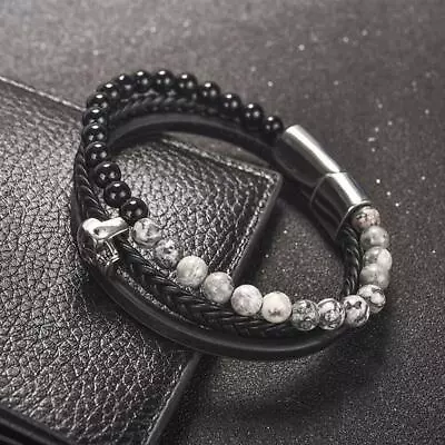 Multilayer Leather Natural Stone Beaded Bangle Stainless Steel Magnetic Clasp  • £26.95