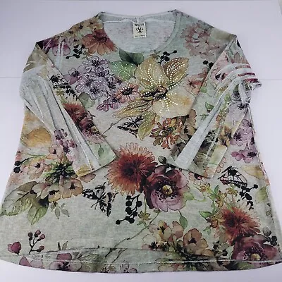 VOCAL Tunic Blouse Women's Large Multicolor Floral Embellished 3/4 Sleeve Top • $29.99