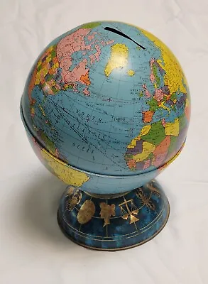 VTG 1970s Tin Globe Coin Bank With Zodiac Sign Base Ohio Art • $15