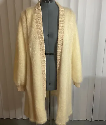 Vintage Wool Mohair Long Sweater Coat Ivory With Tan Fits Medium • $64