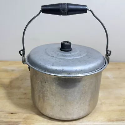 Vtg Rare Pure Aluminum Kettle Primitive Camp Cooking Pot Wire Bail W Wood Handle • $34