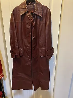Vintage Etienne Aigner Oxblood Leather Long Spy Trench Coat Size 14 • $110