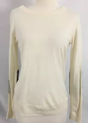 J Crew Womens Pullover Thin Sweater Ivory Black Elbow Patches Wool Acrylic Small • $14.99