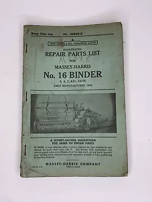 Original Vintage MASSEY HARRIS No. 16 BINDER Repair PARTS Catalog 5 • $25