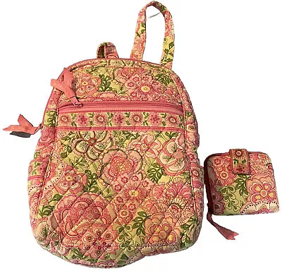 Vera Bradley Pinwheel Pink & Green Floral Print Backpack Knapsack Bag & Wallet • $44.99