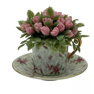 Faux Flower Pink Roses Arrangement In Vintage Demitasse And Saucer One Piece • $20