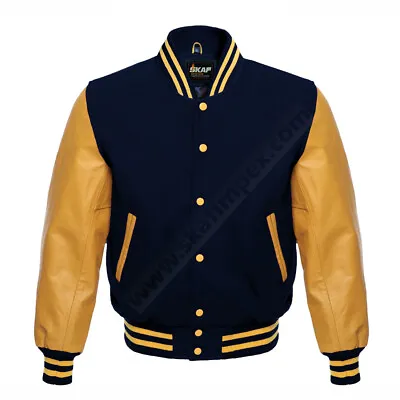 Varsity Letterman Baseball Bomber Jacket Navy Wool & Gold Real Leather Sleeves • $164.99