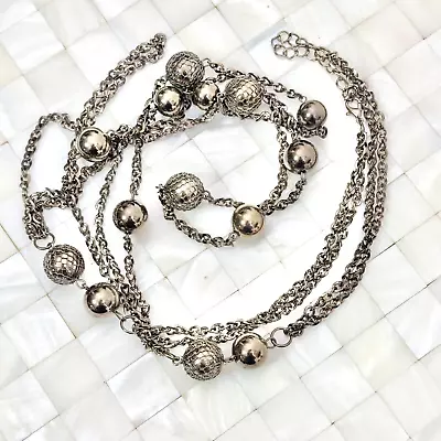 Gunmetal Tone Beaded Triple Layer Chain Necklace The Vintage Strand Lot #1955 • $10.19