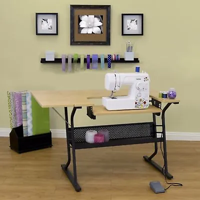 Sewing Machine Craft Table Folding Shelf Storage Art Desk Light Brown Adjustable • $158.47