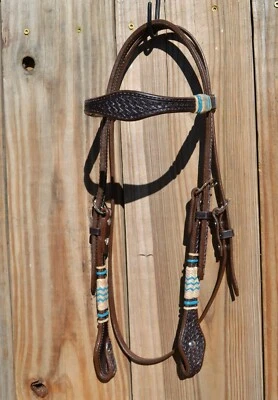 $115.20 • Buy Jose Ortiz Dark Oil Shape Brow Headstall W/Natural & Turquoise Rawhide 