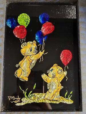 Folk Art Tinsel Tin Foil Reverse Painting Artwork Bears Holding Balloons  • $45