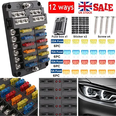 12Way Blade Fuse Box Holder & 24 Standard Blade Fuses For Car Camper Van 12V 24V • £11.29