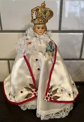 Vintage Infant Of Prague Statue Italy Gold Metal Crown Robed Statuary 8.5” • $33.11