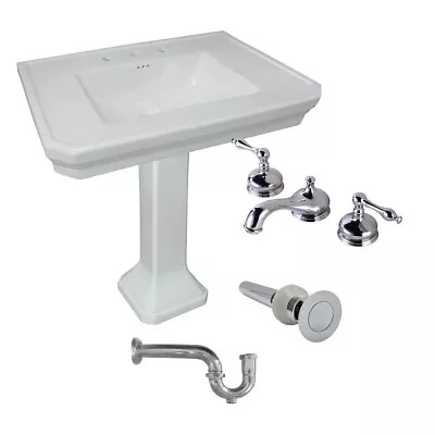 White Vitreous Pedestal Sink Victorian With Widespread Faucet & P-trap Included • $690