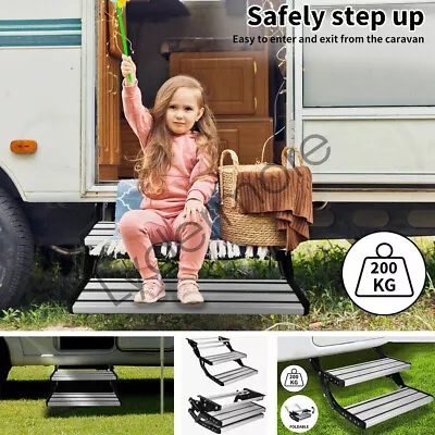 Double Caravan Step Folding Steps Pull Out Aluminium Camper Trailer Motorhome RV • $219.88