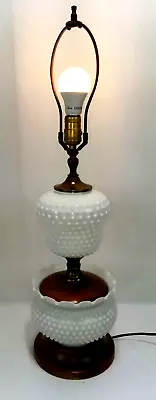 Vintage White Milk Glass Hobnail Real Wood Bedside Boudoir Table Lamp. • $37.80