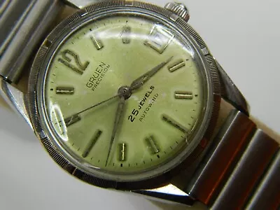 VINTAGE 1960s GRUEN 25J 712CA AUTOMATIC DUSTCOVER SS MENS WATCH -RUNS GOOD TIMER • $129