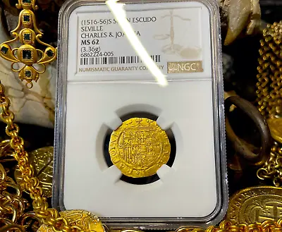 Spain 1 Escudo 1516-56  Charles & Joanna  Ngc 62 Pirate Gold Coins Treasure • $4250