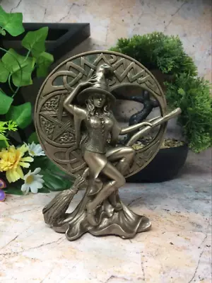 Bronze Effect Witch With Pentagram Celtic Moon Altar Decoration Occult Statue • £34.95
