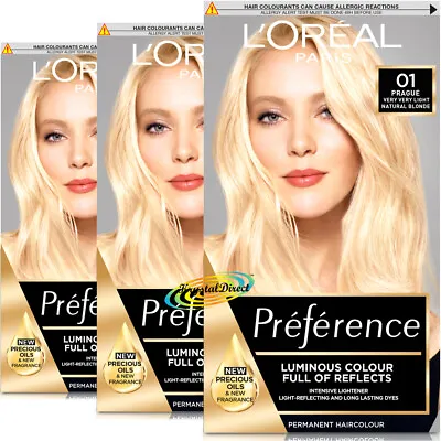 3x Loreal Preference 01 Prague VERY VERY LIGHT NATURAL BLONDE Hair Colour Dye • £35.99