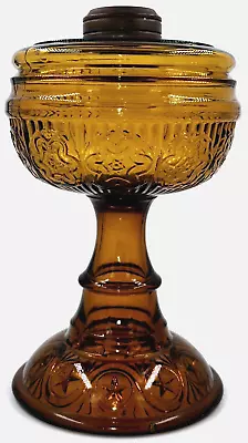 Antique SKEDDEN Kerosene Or Oil Amber Glass Stand Lamp Star Band Base THURO 2 • $115