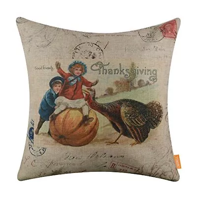 18x18 Inches Happy Thanksgiving Day Autumn Pumpkin And Turkey Burlap Throw Cu... • $23.88