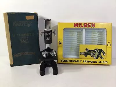 Vintage Harpers 3 Turret Microscope Original Box & Milben Prepared Slides 24 Ct • $45