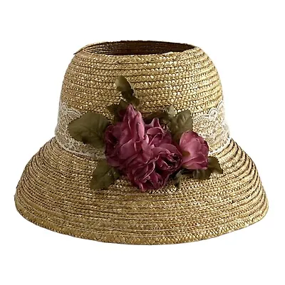 Boho Woven Rattan Table Lampshade Hat Shaped With Lace Accent & Magenta Roses • £61.75
