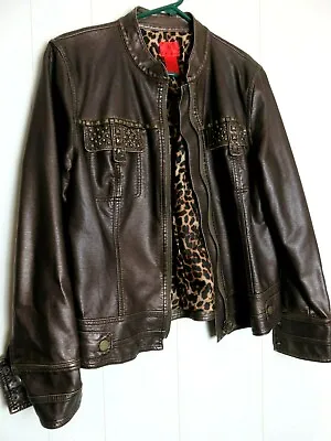 V Cristina Jacket Womens Size Large Faux Leather Brown Zipped Leopard Skin Liner • $9.50