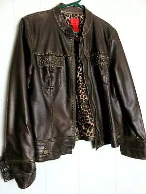 $14.50 • Buy V Cristina Womens Faux Leather Jacket Brown Zipped Leopard Skin Liner Size Large