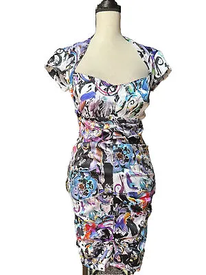 Cache Cap Sleeve White Multi Color Square Neck Ruched Dress Padded Top • $55