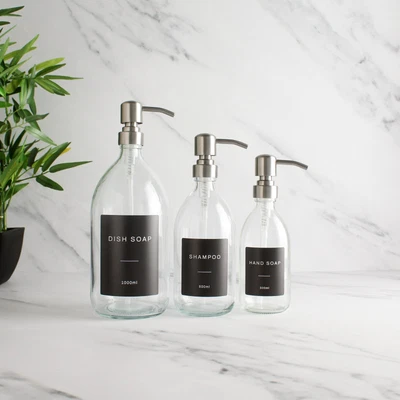 £11.99 • Buy Clear Glass Labelled Refillable Bottle With Metal Silver Pump Dispenser