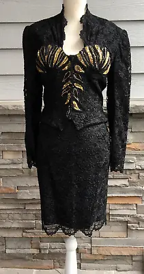 Zandra Rhodes London Vintage 80s Embossed Black & Gold Skirt Suit UK 8 / US 10 • $220