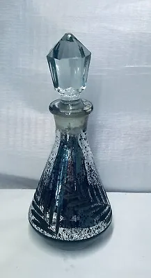 Antique Style Silver Speckled Mercury Glass Etched Leaves Bottle W/Stopper • $19.99