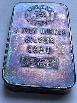 RARE 1973 Argor Chiasso Vintage Rainbow Toned 3 Oz  UBS Reverse  .999 Silver Bar • $91