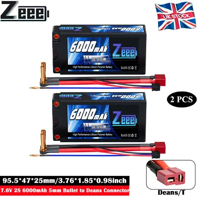 2xZeee 7.6V 2S Lipo Battery 6000mAh 120C 5mm Bullet To Deans Hardcase For RC Car • £76.99