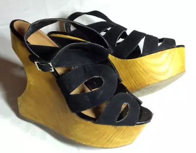 Miss Selfridge Black Sandals With Wooden Wedges Size 6 • £2.50