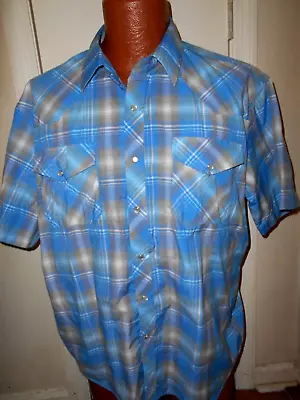 Vintage Haband Western Men's XL Blue Plaid Pearl Snaps Short Sleeve Button Down. • $5.50