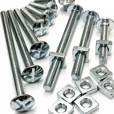 M6 / 6mm ROOFING BOLTS + SQUARE NUTS CROSS SLOTTED MUSHROOM HEAD ROOF BOLT ZINC • £4.25