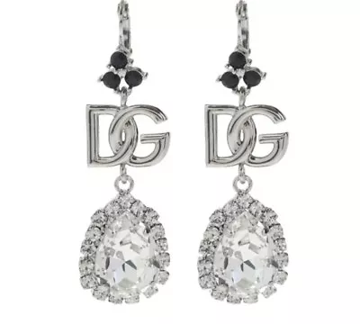 DOLCE & GABBANA Earrings Silver  Brass Clear Crystal  Drop Jewellery DG Pierced • £345