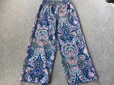 Blue Green Pink Paisley Wide Leg Trousers. Elasticated Waist. Size 12 • £8.50