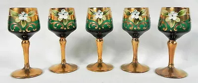 5 Vintage Vimax Cordial Glasses Green Painted Floral Gold Stems Murano Italy • $95